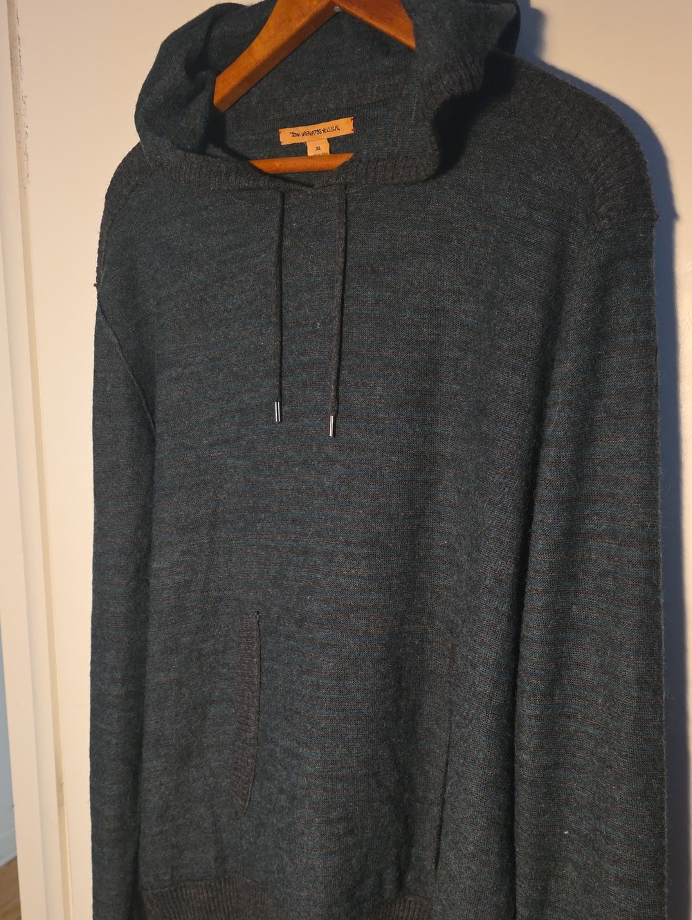 John Varvatos Teal + Gray Hooded Knit Sweater XL Beautiful Condition
